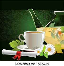 Tetera de vidrio y taza con té.  Todos los elementos y texturas son objetos individuales. Escala de ilustración vectorial a cualquier tamaño.