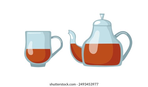 Glass teapot and cup of tea. Tea drinking and tea time. Hot healthy drink. Illustration of flat tea time icons for cafe and restaurant menu design, isolated background.
Kitchenware.