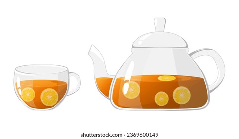 Tetera de vidrio, taza con té y limón. Tetera y taza de vidrio transparente. Té de vidrio para hervir agua, vajilla para la ceremonia del té en casa. El concepto de bebidas saludables.