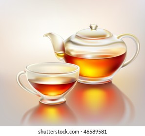 Glass teapot and cup with tea in morning sunlight