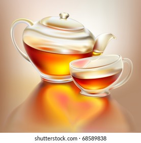 Glass teapot and cup with tea in morning sunlight