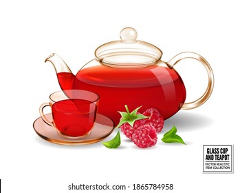Glass teapot and cup with tea. Raspberry tea. Realistic vector, 3d illustration.