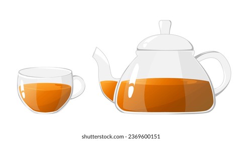Glass teapot and cup with tea. Transparent glass teapot and cup. Glass tea kettle for boiling water, tableware for tea ceremony at home. Healthy drinks concept.