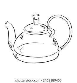 Glass teapot drawn with vintage lines. Isolated vector illustration. A teapot drawn as an engraving.