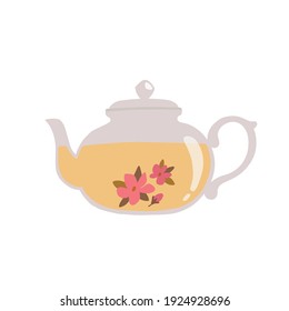 Tetera de vidrio con té de flores. Ilustración del vector aislada en un fondo blanco