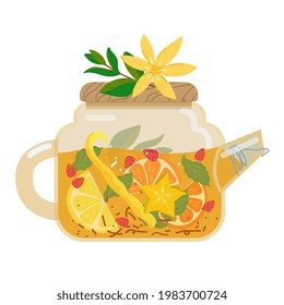 Glass teapot with fruit tea. Herbal tea, healthy summer beverage cold or hot. Drink with slices of orange, fruits, berries and mint. Vector isolated on white. Summer trend of tea drinking