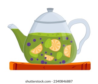 Glass teapot with fruit tea, Illustration for tea menu, Teapot on a wooden stand
