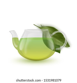 The glass teapot with green tea and leaves, Realistic vector EPS 10 illustration on white background