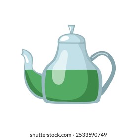 Tetera de cristal con té verde de hierbas. Fiesta del té y hora del té. Bebida saludable caliente. Ilustración, icono de la hora del té para el diseño del menú de la cafetería y del restaurante, fondo aislado.