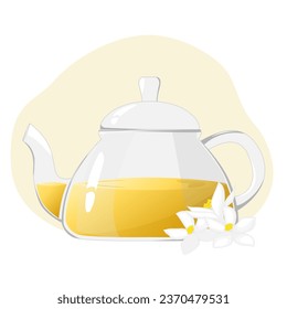 Tetera de vidrio con té de hierbas. Tetera de vidrio transparente con té jazmín. Concepto de bebidas saludables.Ilustración vectorial para cafés, anuncios, carteles.