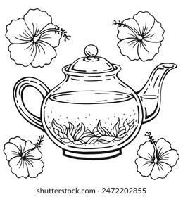 Glass teapot, hibiscus. Hand drawn vector illustration in outline style.