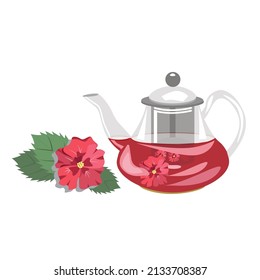 Glass teapot with hibiscus tea, flower isolated on a white background.Vector illustration.