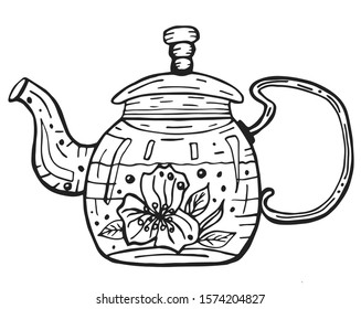 Glass teapot with hot herbal tea. Outline doodle isolated illustration on white background. Single hand drawn teapot for culinary design.