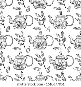 Glass teapot with hot herbal tea with leaves. Endless black and white background. Hand drawn seamless pattern for culinary design.
