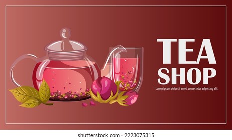 Glass teapot kettle and cup of tea, text isolated on red. Tea shop,cafe-bar,tea party,beverages concept. Vector illustration for poster,banner,flyer,menu,advertising. 