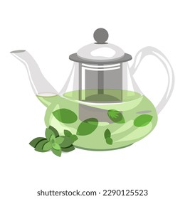 Glass teapot with mint tea, isolated on a white background.Vector composition of a tea party.