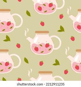 Glass teapot pattern with berry. Vector background