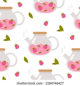 Glass teapot with raspberry on white background