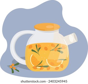 Una tetera de cristal con espinas marinas y naranjas, una espina dorsal marina. Té de fruta o de bayas. Ilustración vectorial, plano, estilo de dibujos animados. 