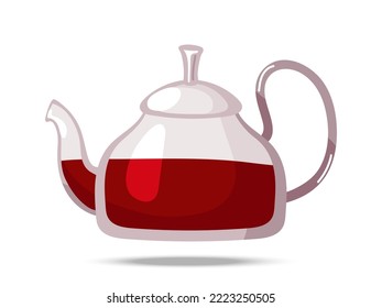 Glass teapot with tea. Tea brewed in kettle. Hand drawn Flat vector illustration on white background. Kitchen utensils. Tea party and teatime concept for banner, website, social media, flyer.
