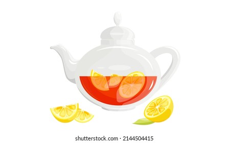 Glass teapot with tea and lemon.Vector illustration.