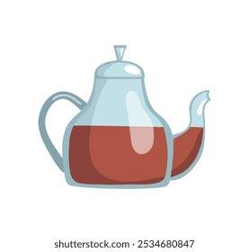 Glass teapot with tea. Tea party and tea time. Hot healthy drink. Illustration, tea time icon. Cafe and restaurant menu design, isolated background.