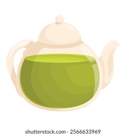 Glass teapot with a white handle and top filled with a vibrant green tea