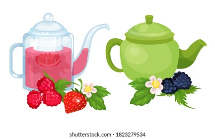 Glass Teapots with Aromatic and Spicy Fruit Tea with Raspberry and Strawberry Rested Nearby Vector Set