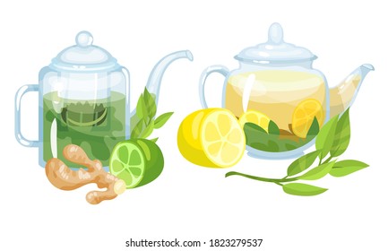 Glass Teapots with Aromatic and Spicy Fruit Tea with Lime and Lemon Rested Nearby Vector Set