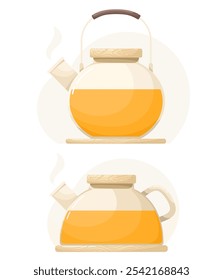 Glass teapots with sea buckthorn or mango tea, glass mug. Drink image in flat style.