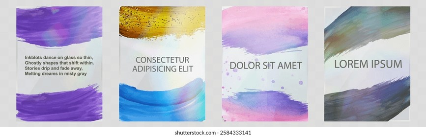 Glass template set with modern abstract watercolor cover designs, colorful brush strokes, artistic textures, and holographic light effects.
