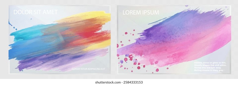 Glass template set with modern abstract watercolor cover designs, colorful brush strokes, artistic textures, and holographic light effects.