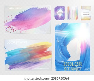 Glass template set with modern abstract watercolor cover designs, colorful brush strokes, artistic textures, and holographic light effects.	