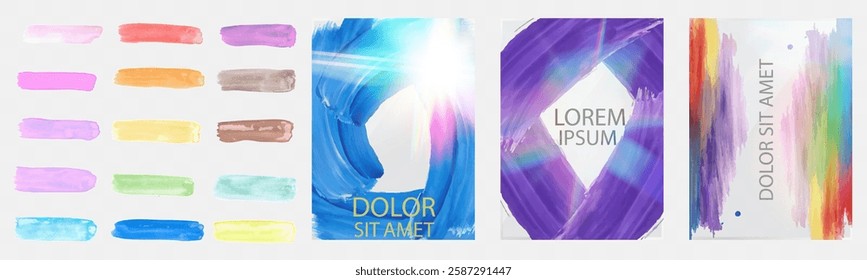Glass template set with modern abstract watercolor cover designs, colorful brush strokes, artistic textures, and holographic light effects.	
