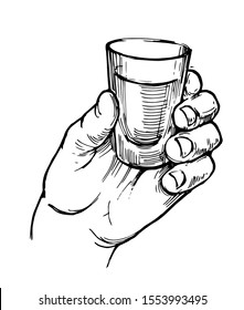 Glass of tequila in hand. Hand drawn illustration converted to vector