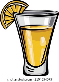 Glass of tequila with lemon stack of alcohol, freehand drawing vector