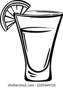 Glass of tequila with lemon stack of alcohol, freehand drawing vector