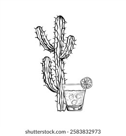 Glass tequila and prickly cactus plant vector illustration painted by black inks. Etching drawing of Mexican traditional drink with ice cubes, slice lime, opuntia succulent for tourist brochure.