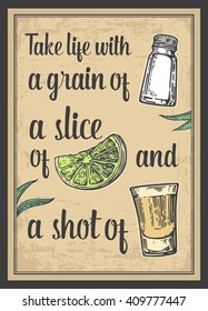 Glass tequila. salt and lime. Vector engraved illustration. Vintage beige background. For poster web.