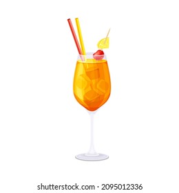 Glass of Tequila Sunrise cocktail with straw. Alcoholic beverage vector illustration