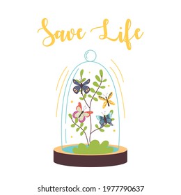 Glass terrarium with butterflies and the inscription save a life