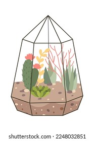 Glass terrarium with evergreen plant flat icon. Vector illustration