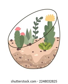 Glass terrarium with evergreen plants flat icon Decor element. Vector illustration