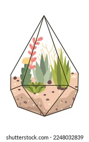 Glass terrarium with evergreen plants flat icon Decor element. Vector illustration