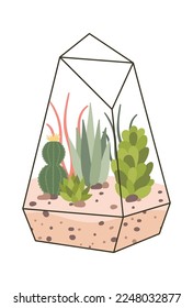 Glass terrarium with evergreen plants flat icon Decor element. Vector illustration