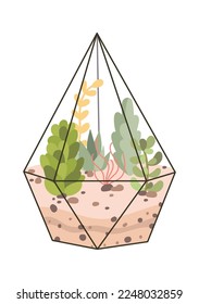 Glass terrarium flat icon Evergreen houseplant Decor element. Vector illustration