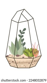 Glass terrarium flat icon Evergreen houseplant Decor element. Vector illustration