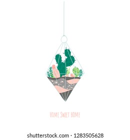 Glass terrarium with a set of succulents and cactus. Postcard with a vector illustration