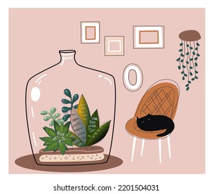 terrario de vidrio suculento y acogedor casa con muchas plantas y animales. Arte estilo garabato vector.