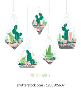 Glass terrariums with a set of succulents and cactus. Postcard with a vector illustration